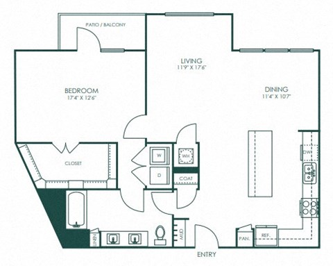 Floor plan for 1 bed, 1 bath, 1072 sqft